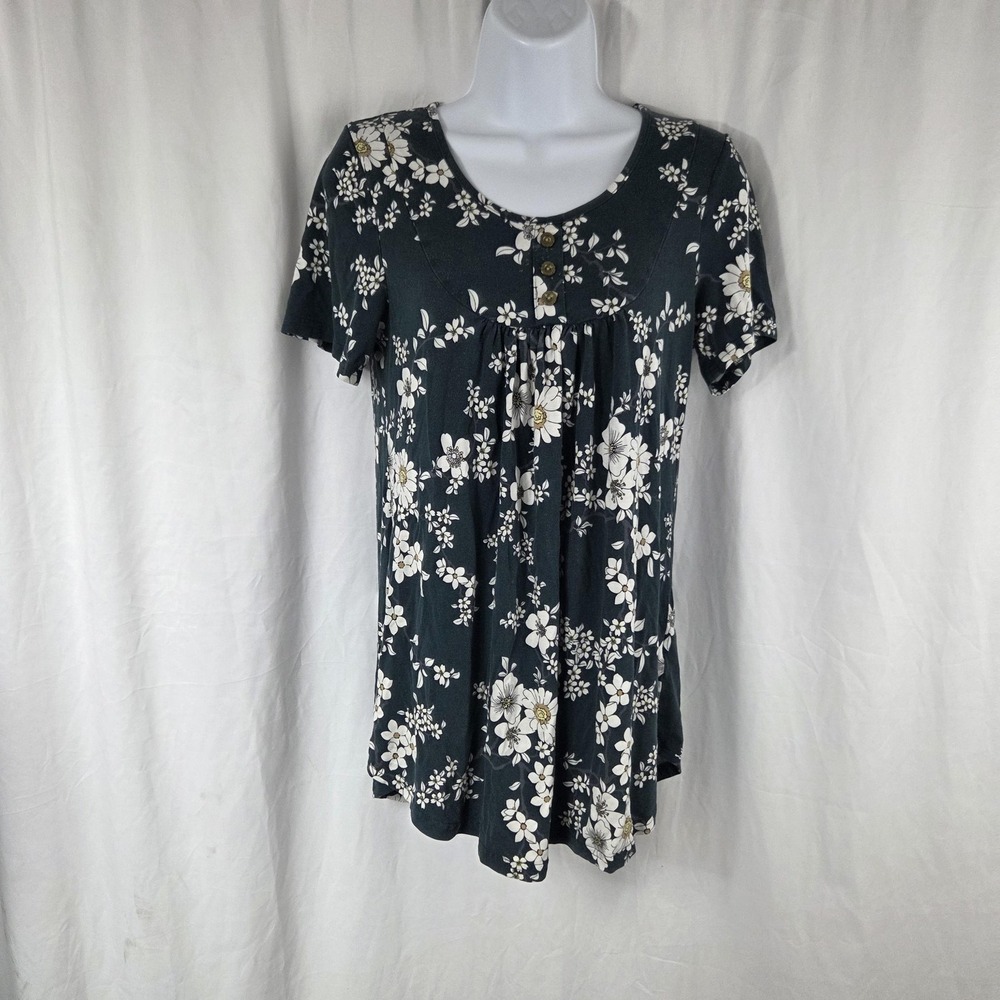 POPYOUNG Shirt Womens Medium Green Scoop Neck Short Sleeve Floral Tunic Top